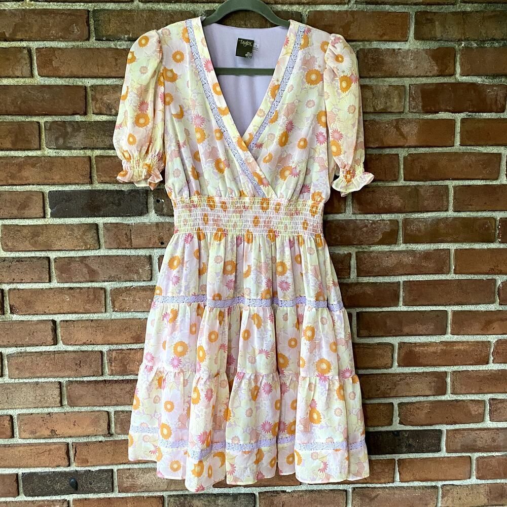 Taylor Floral V-Neck Lace Accent Dress Orange Purple 4